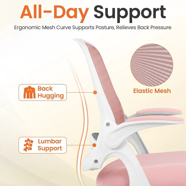 Alt view image 4 of 7 - Ergonomic Office Computer Chair with Mesh Back & Flip-Up Arms, Pink