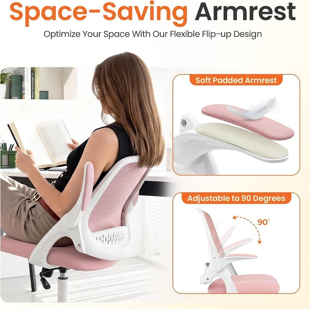 Alt view image 6 of 7 - Ergonomic Office Computer Chair with Mesh Back & Flip-Up Arms, Pink