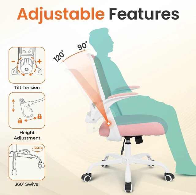 Alt view image 7 of 7 - Ergonomic Office Computer Chair with Mesh Back & Flip-Up Arms, Pink