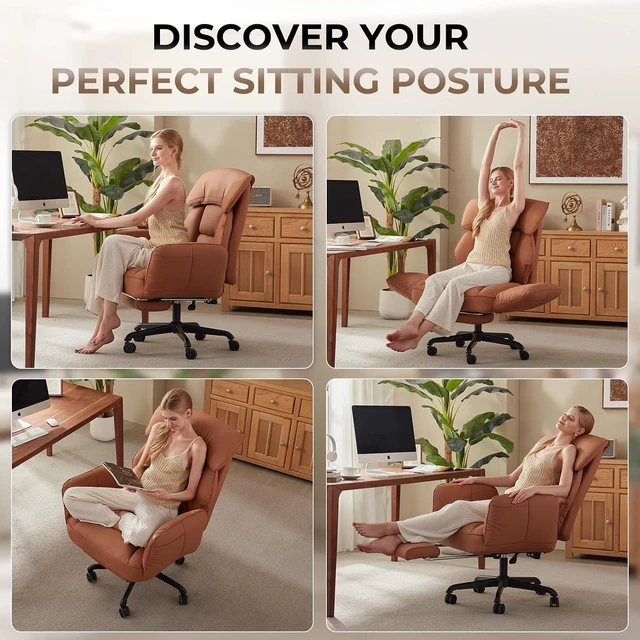 Alt view image 7 of 7 - Cross Legged Office Chair with Pivoting Armrests Criss Cross Chair with Pocket Spring Seat & Back, Reclining with Footrest & Metal Base (Brown)