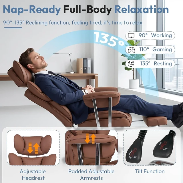 Alt view image 4 of 7 - Comfortable Executive Office Chair, Ergonomic Desk Chair with Footrest, Brown