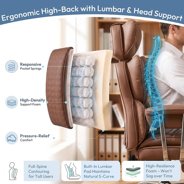 Alt view image 5 of 7 - Comfortable Executive Office Chair, Ergonomic Desk Chair with Footrest, Brown