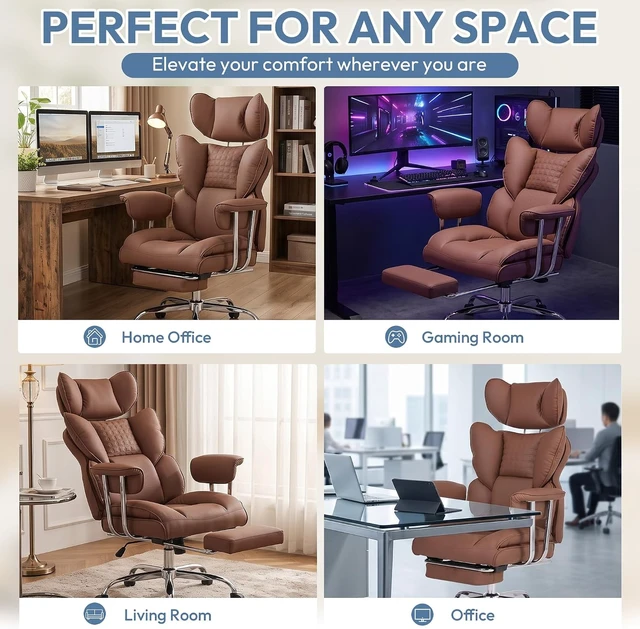 Alt view image 6 of 7 - Comfortable Executive Office Chair, Ergonomic Desk Chair with Footrest, Brown