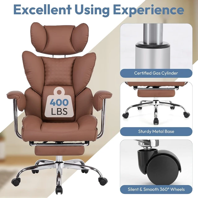 Alt view image 7 of 7 - Comfortable Executive Office Chair, Ergonomic Desk Chair with Footrest, Brown