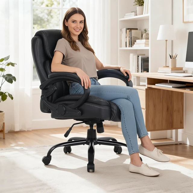 Alt view image 2 of 7 - 400lbs Big & Tall Heavy Duty Office Chair Wide Seat Ergonomic Computer Desk Chair with Arms, Lumbar Support, High Back PU Leather, for Back Pain, Black