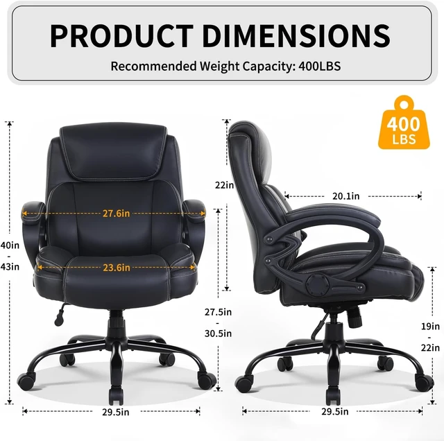 Alt view image 3 of 7 - 400lbs Big & Tall Heavy Duty Office Chair Wide Seat Ergonomic Computer Desk Chair with Arms, Lumbar Support, High Back PU Leather, for Back Pain, Black