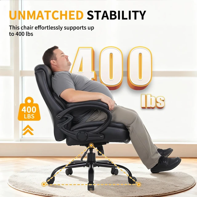 Alt view image 4 of 7 - 400lbs Big & Tall Heavy Duty Office Chair Wide Seat Ergonomic Computer Desk Chair with Arms, Lumbar Support, High Back PU Leather, for Back Pain, Black