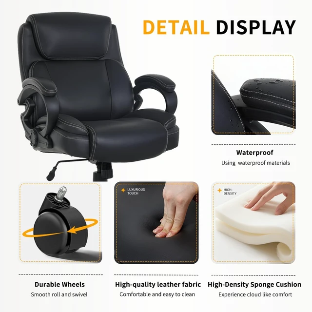 Alt view image 5 of 7 - 400lbs Big & Tall Heavy Duty Office Chair Wide Seat Ergonomic Computer Desk Chair with Arms, Lumbar Support, High Back PU Leather, for Back Pain, Black