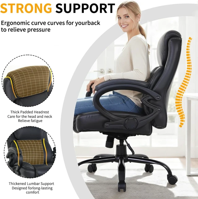 Alt view image 6 of 7 - 400lbs Big & Tall Heavy Duty Office Chair Wide Seat Ergonomic Computer Desk Chair with Arms, Lumbar Support, High Back PU Leather, for Back Pain, Black