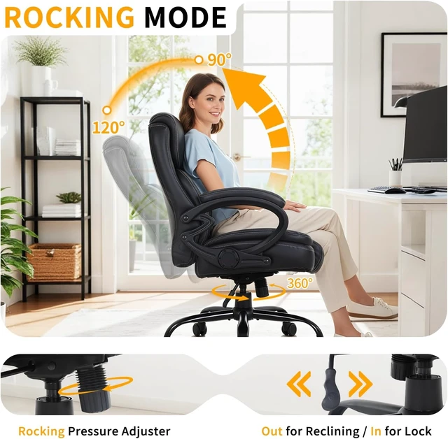 Alt view image 7 of 7 - 400lbs Big & Tall Heavy Duty Office Chair Wide Seat Ergonomic Computer Desk Chair with Arms, Lumbar Support, High Back PU Leather, for Back Pain, Black