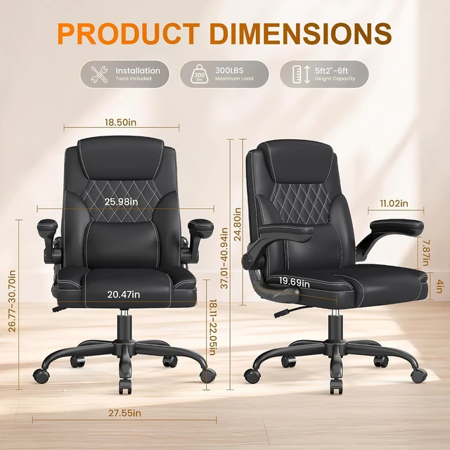 Alt view image 2 of 7 - Mid-Back Executive Office Chair, Leather Desk Chair with Flip-Up Armrests