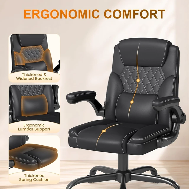 Alt view image 3 of 7 - Mid-Back Executive Office Chair, Leather Desk Chair with Flip-Up Armrests