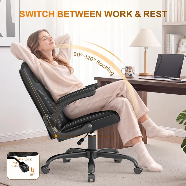 Alt view image 4 of 7 - Mid-Back Executive Office Chair, Leather Desk Chair with Flip-Up Armrests