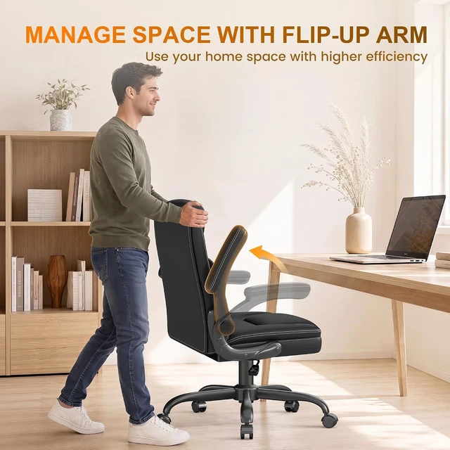 Alt view image 5 of 7 - Mid-Back Executive Office Chair, Leather Desk Chair with Flip-Up Armrests