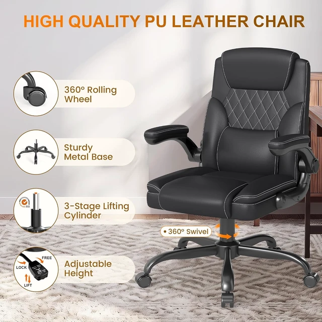 Alt view image 7 of 7 - Mid-Back Executive Office Chair, Leather Desk Chair with Flip-Up Armrests