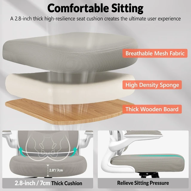 Alt view image 4 of 7 - Ergonomic Mesh Office Chair Breathable Computer Desk Chair with Adjustable Lumbar Support, Flip-Up Armrests, Executive Swivel Design, LightGray