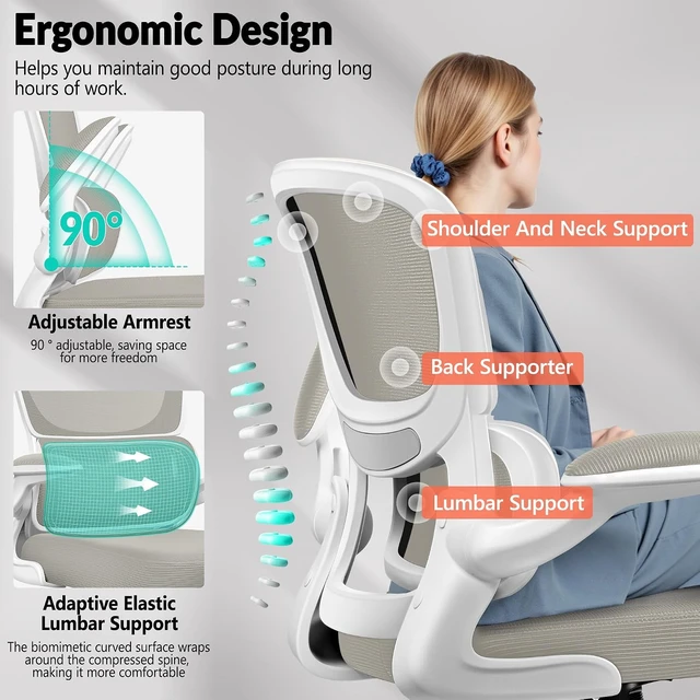 Alt view image 5 of 7 - Ergonomic Mesh Office Chair Breathable Computer Desk Chair with Adjustable Lumbar Support, Flip-Up Armrests, Executive Swivel Design, LightGray
