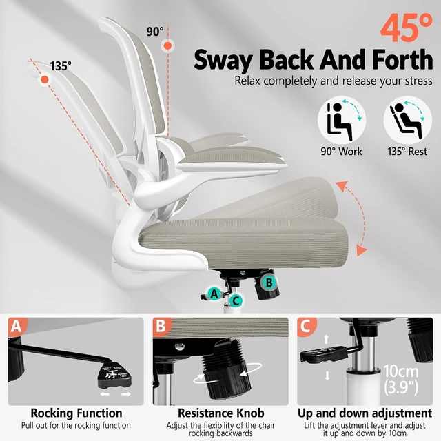 Alt view image 6 of 7 - Ergonomic Mesh Office Chair Breathable Computer Desk Chair with Adjustable Lumbar Support, Flip-Up Armrests, Executive Swivel Design, LightGray