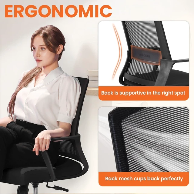 Alt view image 4 of 7 - Office Computer Desk Chair with Mid-Back Mesh Wide Seat, Black