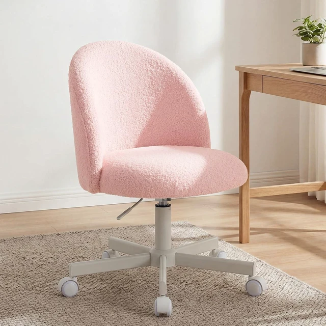 Main image of Vanity Chair with Wheels, Small Armless Desk Seat, Pink Teddy
