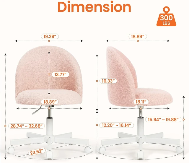 Alt view image 2 of 7 - Vanity Chair with Wheels, Small Armless Desk Seat, Pink Teddy