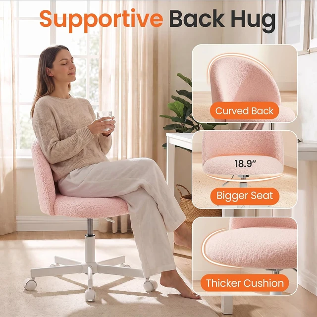 Alt view image 3 of 7 - Vanity Chair with Wheels, Small Armless Desk Seat, Pink Teddy