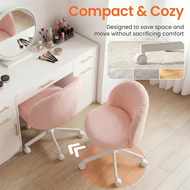 Alt view image 5 of 7 - Vanity Chair with Wheels, Small Armless Desk Seat, Pink Teddy