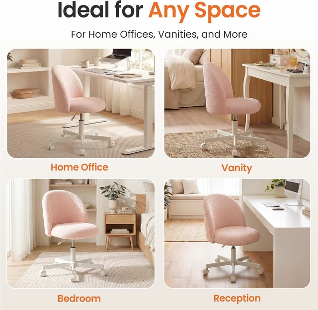 Alt view image 7 of 7 - Vanity Chair with Wheels, Small Armless Desk Seat, Pink Teddy
