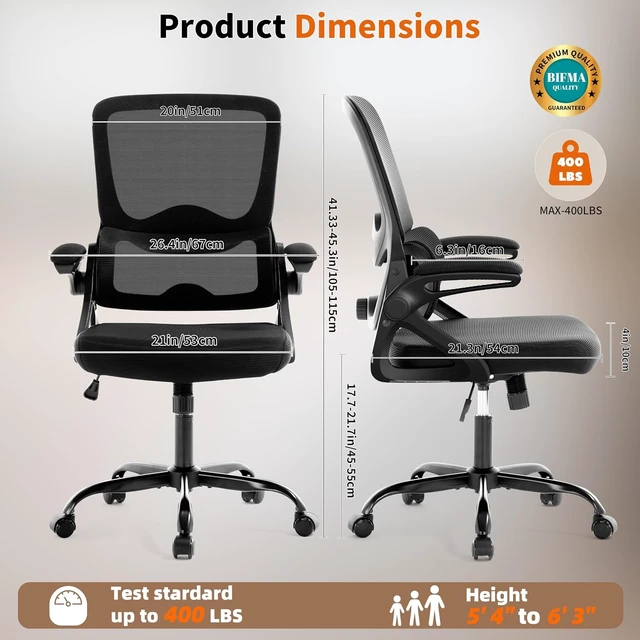 Alt view image 2 of 7 - Ergonomic Mesh Office Chair Mid Back Desk Chair with Lumbar Support, Flip-Up Arms, 400 lbs Comfy Computer Chair, Home Office