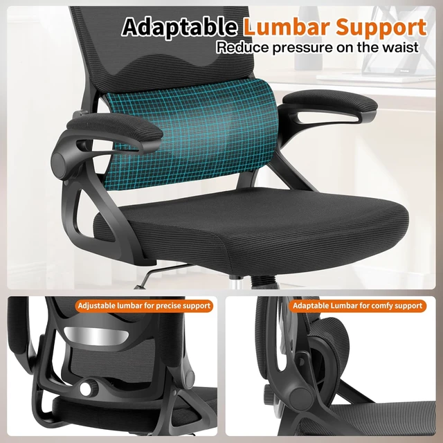 Alt view image 3 of 7 - Ergonomic Mesh Office Chair Mid Back Desk Chair with Lumbar Support, Flip-Up Arms, 400 lbs Comfy Computer Chair, Home Office