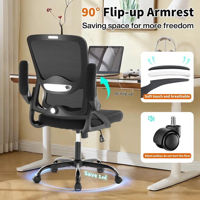 Alt view image 4 of 7 - Ergonomic Mesh Office Chair Mid Back Desk Chair with Lumbar Support, Flip-Up Arms, 400 lbs Comfy Computer Chair, Home Office