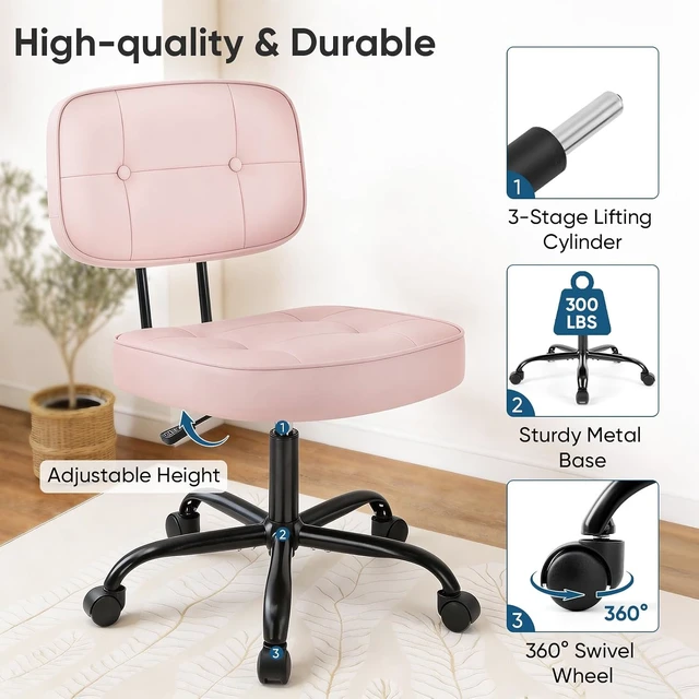 Alt view image 6 of 7 - Small Armless Vanity Chair with Lumbar Support, Office Desk Chair
