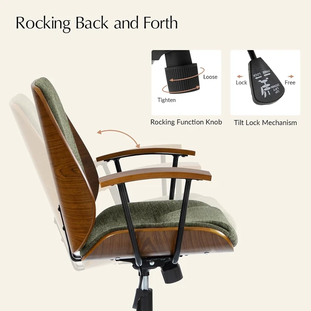 Alt view image 3 of 7 - Green Solid Wood Office Chair with Tilt Function & Metal Base