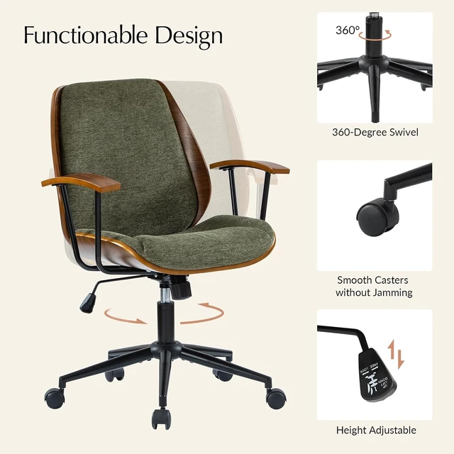 Alt view image 5 of 7 - Green Solid Wood Office Chair with Tilt Function & Metal Base