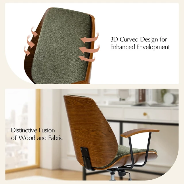 Alt view image 7 of 7 - Green Solid Wood Office Chair with Tilt Function & Metal Base