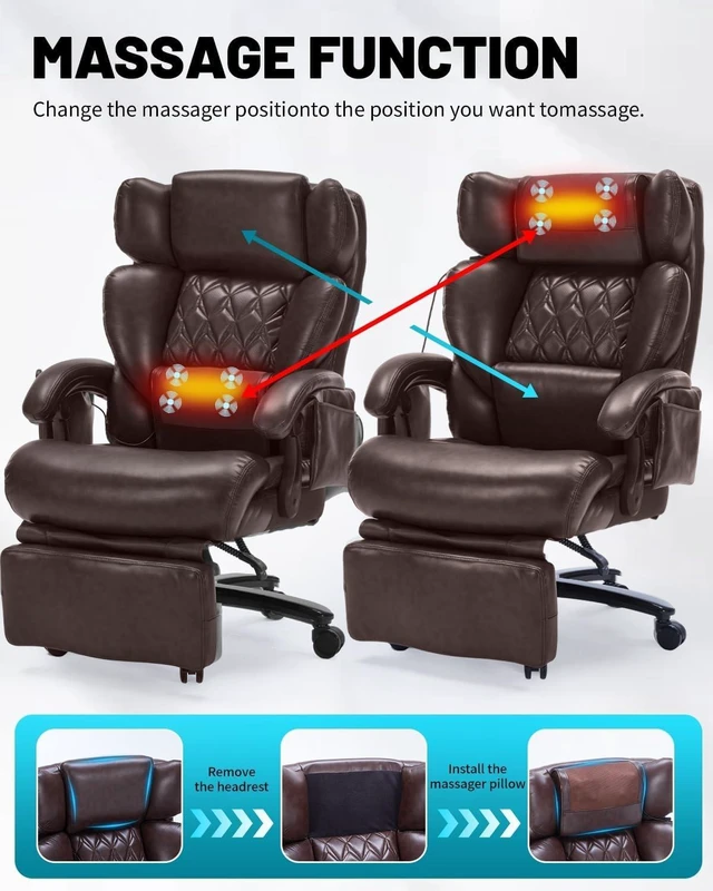 Alt view image 3 of 7 - 800LBS Massage Office Chair with Foot Rest & 8 Points Vibration Heat Big & Tall Ergonomic Reclining Desk Chair for Heavy People, Managerial Home Office Use