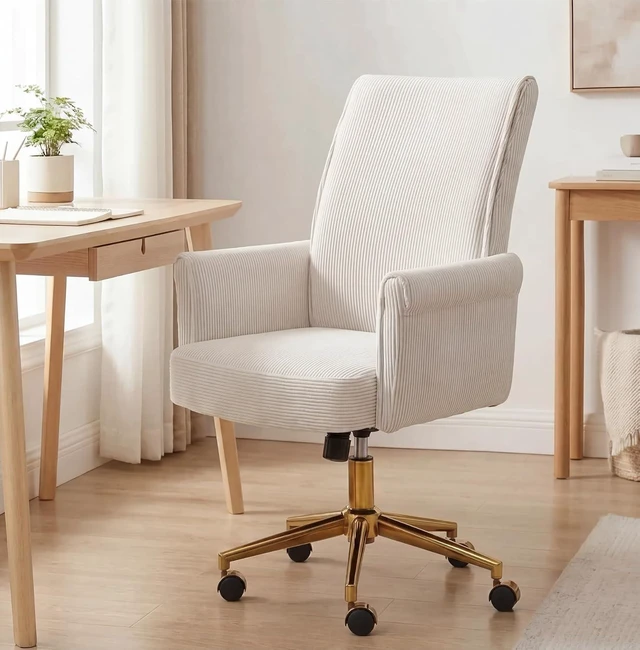 Main image of Stripes Velvet Home Office Desk Chair Accent Upholstered Modern Swivel Chair with Wheels, Height Adjustable, Ergonomic Task ChairCream