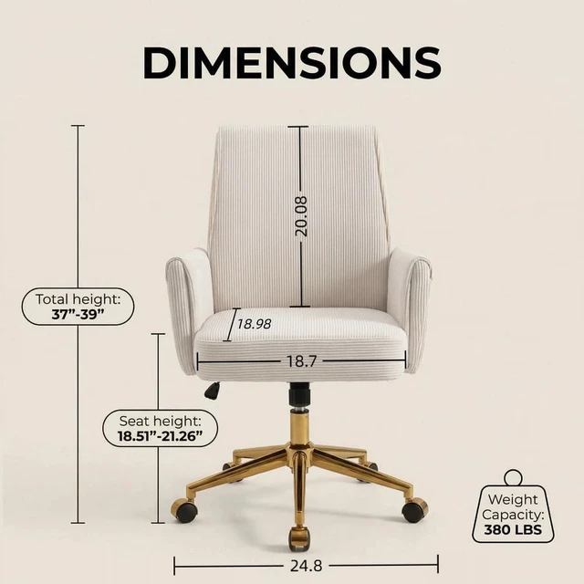Alt view image 2 of 7 - Stripes Velvet Home Office Desk Chair Accent Upholstered Modern Swivel Chair with Wheels, Height Adjustable, Ergonomic Task ChairCream