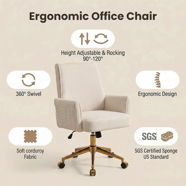 Alt view image 7 of 7 - Stripes Velvet Home Office Desk Chair Accent Upholstered Modern Swivel Chair with Wheels, Height Adjustable, Ergonomic Task ChairCream