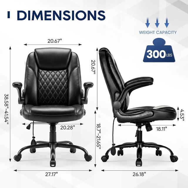 Alt view image 2 of 7 - Leather Comfy Office Chair Computer Desk Chair with Adjustable Lumbar Support, Thick Cushion, Flip-Up Arms & Ergonomic Back, for Home Office Gaming, Black