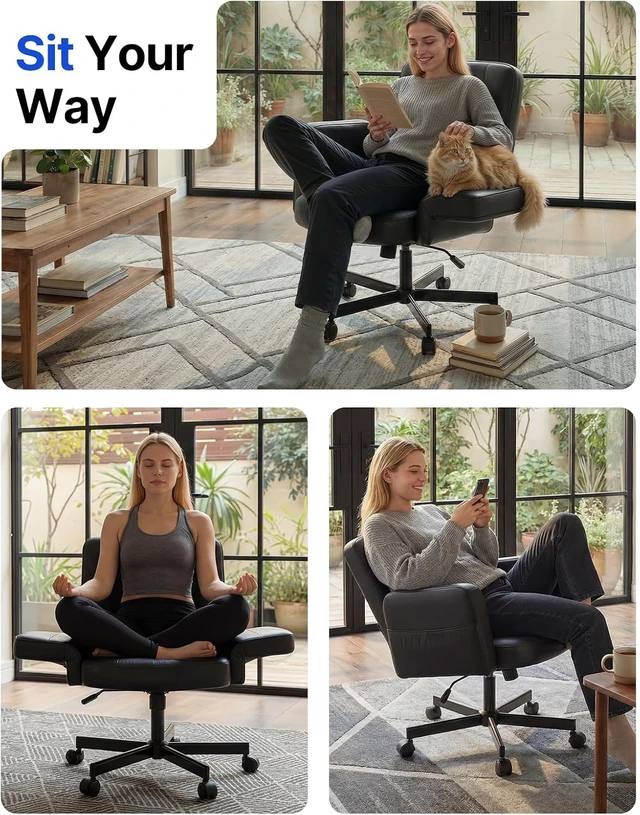 Alt view image 3 of 7 - Criss Cross Chair with 6-Point Adjustable Armrests Pet-Friendly Cross Leg Chair with Wide Seat, Durable PU Leather, Easy Assembly