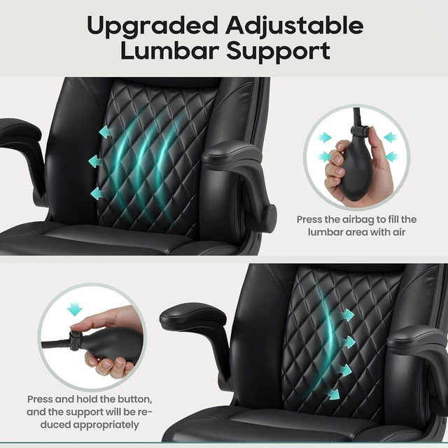 Alt view image 3 of 7 - Leather Comfy Office Chair Computer Desk Chair with Adjustable Lumbar Support, Thick Cushion, Flip-Up Arms & Ergonomic Back, for Home Office Gaming, Black