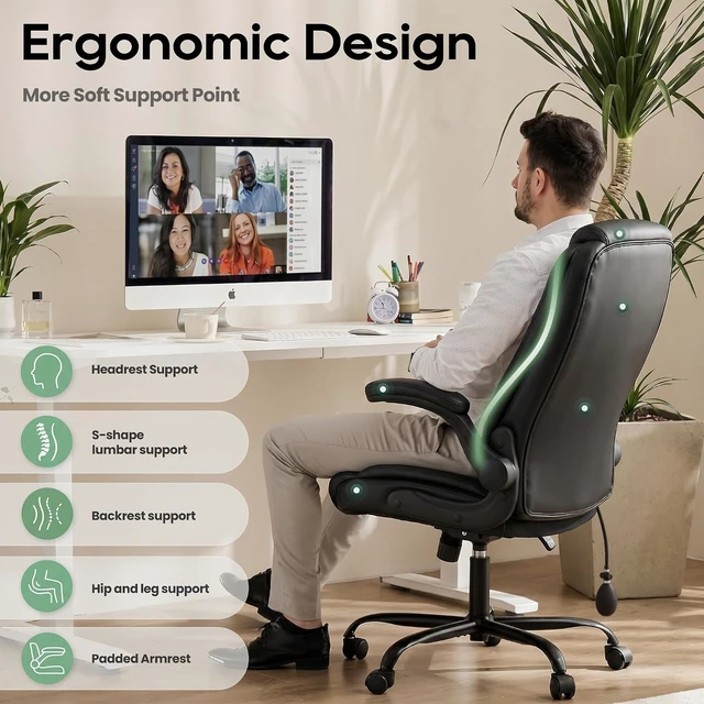 Alt view image 4 of 7 - Leather Comfy Office Chair Computer Desk Chair with Adjustable Lumbar Support, Thick Cushion, Flip-Up Arms & Ergonomic Back, for Home Office Gaming, Black