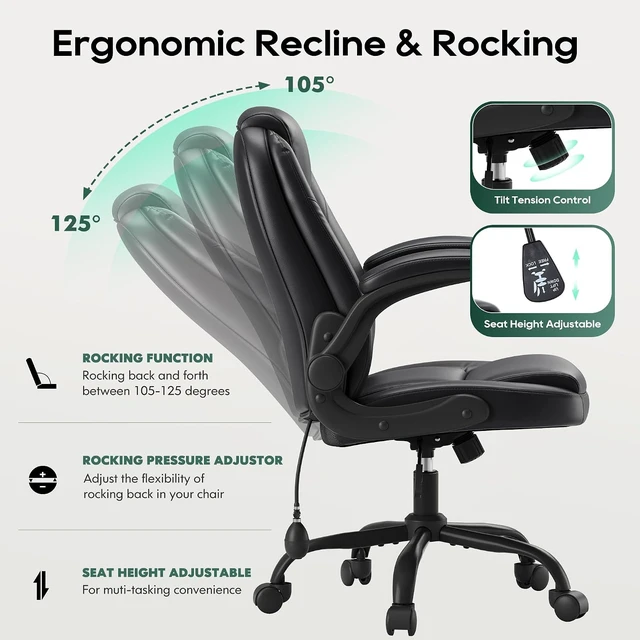 Alt view image 5 of 7 - Leather Comfy Office Chair Computer Desk Chair with Adjustable Lumbar Support, Thick Cushion, Flip-Up Arms & Ergonomic Back, for Home Office Gaming, Black