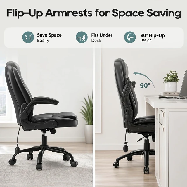 Alt view image 6 of 7 - Leather Comfy Office Chair Computer Desk Chair with Adjustable Lumbar Support, Thick Cushion, Flip-Up Arms & Ergonomic Back, for Home Office Gaming, Black