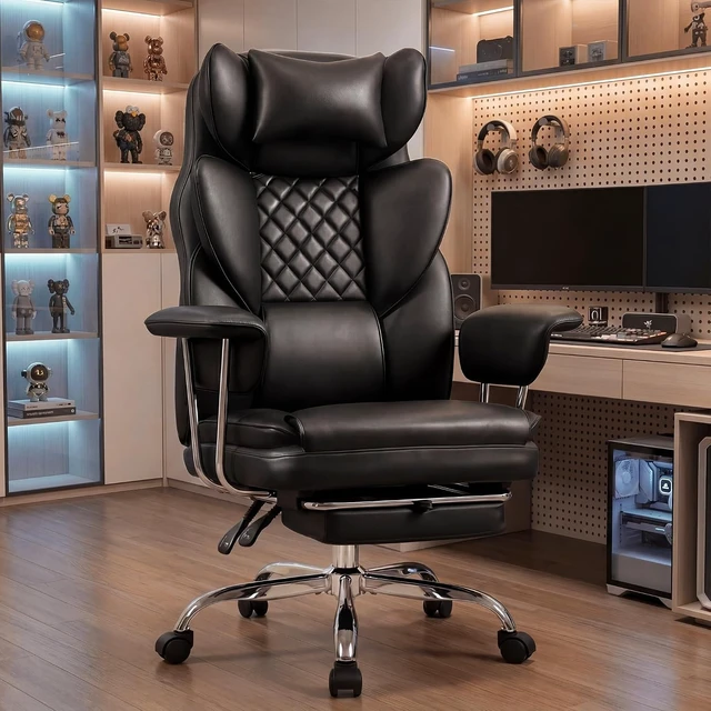 Alt view image 2 of 7 - Big & Tall PU Leather Office Chair, High Back with Lumbar Support, Black