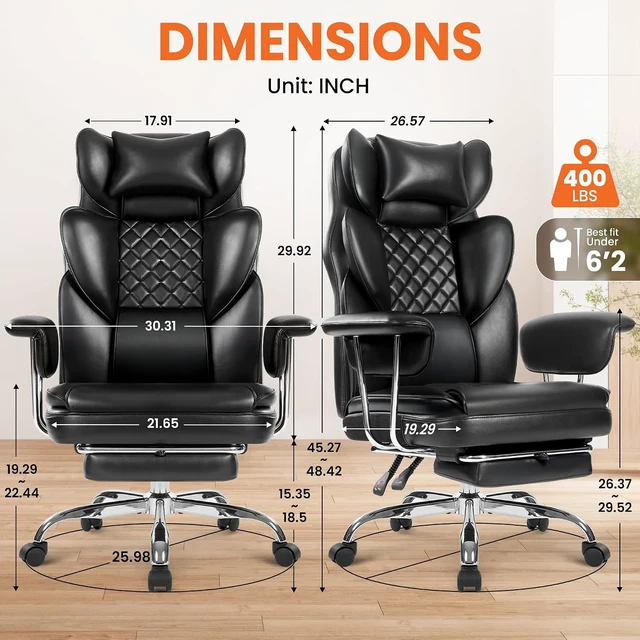 Alt view image 3 of 7 - Big & Tall PU Leather Office Chair, High Back with Lumbar Support, Black
