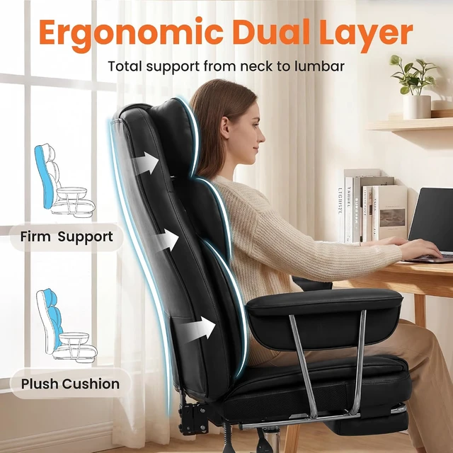 Alt view image 5 of 7 - Big & Tall PU Leather Office Chair, High Back with Lumbar Support, Black