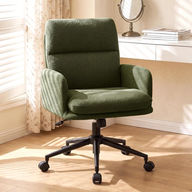 Main image of Comfortable Ergonomic Office Chair Upholstered Desk Chair with Double-Layer Cushioning, Adjustable Height, Padded Armrests, Rolling Wheels & Metal Base, Green