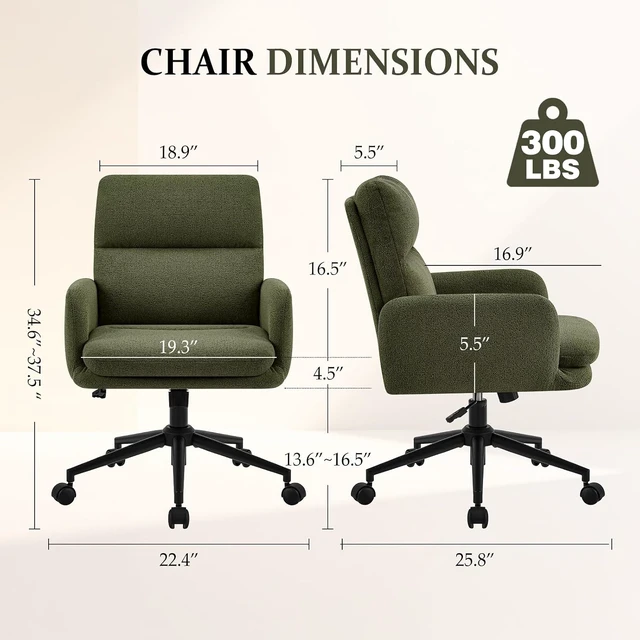 Alt view image 2 of 7 - Comfortable Ergonomic Office Chair Upholstered Desk Chair with Double-Layer Cushioning, Adjustable Height, Padded Armrests, Rolling Wheels & Metal Base, Green